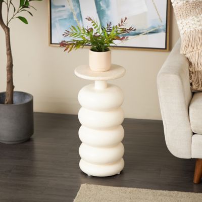 Harper & Willow Teak Wood Handmade Carved Bubble Inspired Side End Accent Table with Marble Tabletop