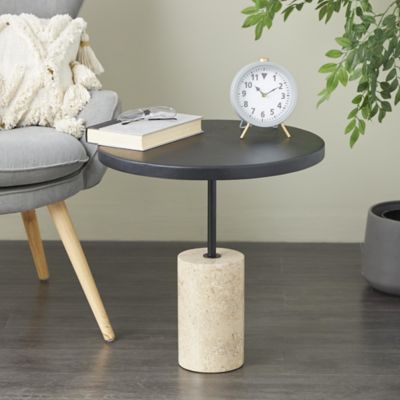 Harper & Willow Wood Geometric Side End Accent Table with Ivory Marble Base