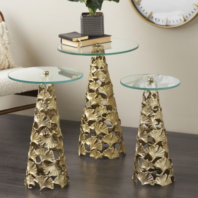 Harper & Willow Aluminum Metal Cutout Cone Shaped Floral Side End Accent Table with Tempered Glass Tabletop