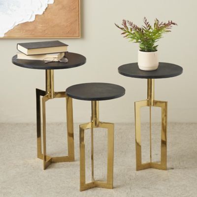 Harper & Willow Aluminum Metal Geometric Side End Accent Table with Black Marble Tabletops