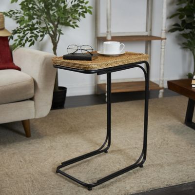 Harper & Willow Dried Plant Handmade Coiled C-Shaped Side End Accent Table with Black Metal Legs