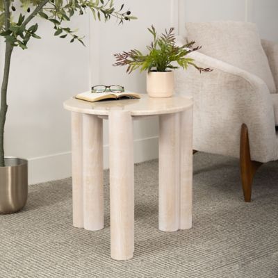 Harper & Willow Teak Wood Side End Accent Table with Marble Tabletop