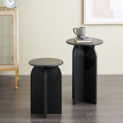 Harper & Willow Wood Sandstone Carved Art Deco Arched Pedestal Geometric Side End Accent Table