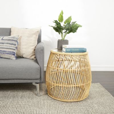 Harper & Willow Rattan Handmade Wavy Woven Side End Accent Table with Glass Top