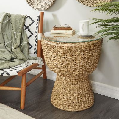 Harper & Willow Seagrass Handmade Woven Side End Accent Table with Glass Top