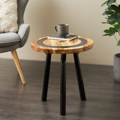 Harper & Willow Teak Wood Layered Circle Geometric Side End Accent Table with Black Legs