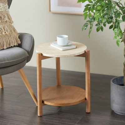 Harper & Willow Wood Handmade Round Side End Accent Table with Beige Round Marble Top