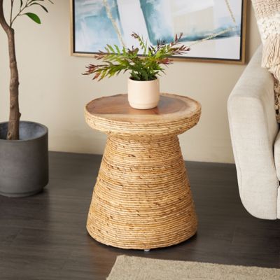 Harper & Willow Brown Banana Leaf Handmade Woven Side End Accent Table with Wooden Tabletop
