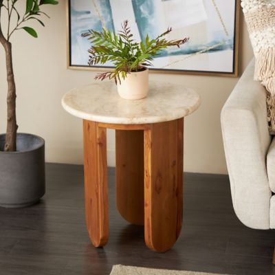 Harper & Willow Teak Wood Handmade Side End Accent Table with Beige Marble Tabletop