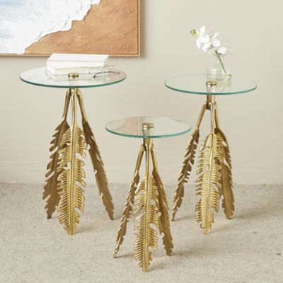 Harper & Willow Aluminum Metal Leaf Side End Accent Table with Tripod Legs and Tempered Glass Top