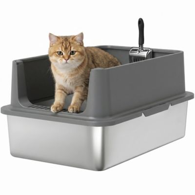 Pawhut XL Stainless Steel Cat Litter Box with High Sides, Scoop & Litter Pad