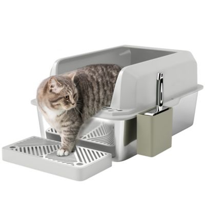 Pawhut 24 in. Stainless Steel Litter Box with High Sides, Scoop & Holder, Anti-Leak Design