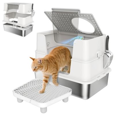 Pawhut XL Stainless Steel Litter Box with Lid, Top & Side Entry, Step, Scoop