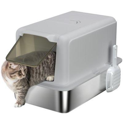Pawhut Extra Large Stainless Steel Cat Litter Box with Lid, Scoop & Filter Bags, Gray
