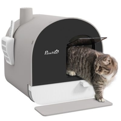 Pawhut Hooded Cat Litter Box with Lid, Scoop & Filter, Covered Litter Box, 17 x 17 x 18.5in., Light Gray