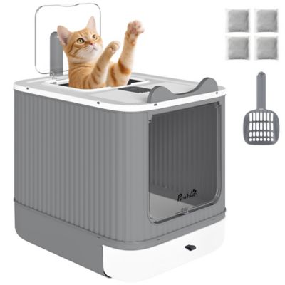 Pawhut Covered Cat Litter Box for Medium Cats, Front Entry, Top Exit, Scoop, White