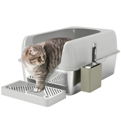 Pawhut Stainless Steel Litter Box with High Sides, Metal Scoop & Holder, Easy Clean