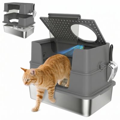 Pawhut XL Stainless Steel Litter Box with Lid, Top & Side Entry, Flip Top, Scoop