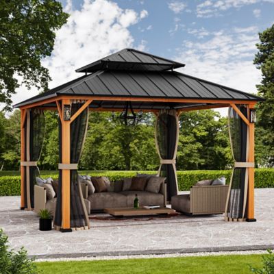 Modern Shade The Horizon 12 x 12ft. Hard Top Gazebo with Solar LED Light, Wood Looking