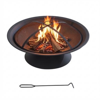 Sunjoy 28 in. Round Wood Burning Fire Pit, Black Steel Fire Bowl with Drain Hole, Mesh Screen & Poker for Garden, Deck & Camping