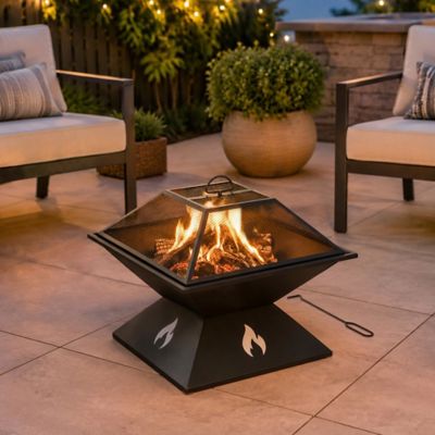 Sunjoy 20 in. Sawgrass Steel Fire Pit with Spark Screen, Geometric Base, Lightweight Black Coated Bowl for Patio & Camping
