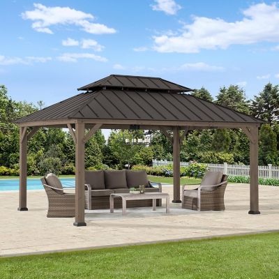 Sunjoy 12 x 16ft. Dark Brown Cedar Framed Wood Gazebo, 2-Tier Steel Hardtop Roof, Outdoor Shelter for Patio, Lawn & Backyard