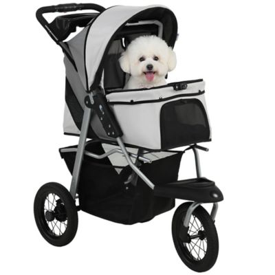Pawhut Dog Stroller for Small Dogs, 3 Wheel Foldable Pet Stroller with 12 in. Rubber Wheels, Mesh Window, One-Foot Brake