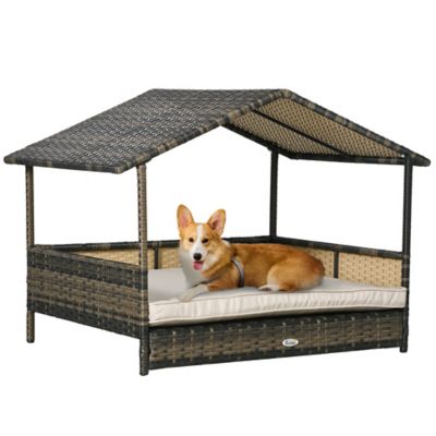 Pawhut Wicker Dog House Outdoor with Canopy, Rattan Dog Bed with Water-resistant Cushion, Raised Pet Bed for Small