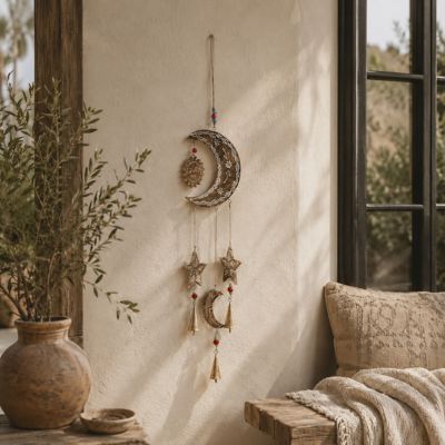 Harper & Willow Mango Wood Handmade Sun and Moon Indoor Outdoor Windchime with Glass Beads and Cone Bells