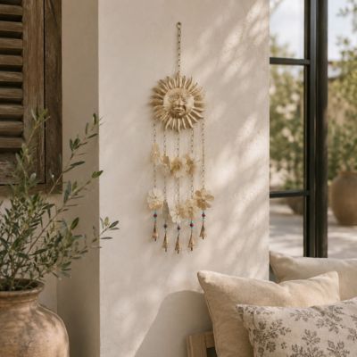 Harper & Willow Metal Handmade Sun and Flowers Floral Indoor Outdoor Windchime with Glass Beads and Cone Bells