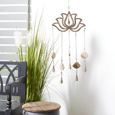 Harper & Willow Mango Wood Handmade Lotus Floral Indoor Outdoor Windchime with Glass Beads and Cone Bells