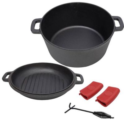 TMB 3-in-1 Pre-Seasoned Cast Iron Dutch Oven, 5 qt. with 2 pc. Silicone Handle Covers, 1 pc. Lid Lifter