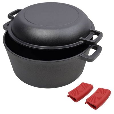 TMB 2-in-1 Pre-Seasoned Cast Iron Dutch Oven with Dual Handles, 5 qt. with 2 pc. Silicone Handle Covers