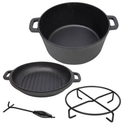 TMB 3-in-1 Pre-Seasoned Cast Iron Dutch Oven, 5 qt. with 1 pc. Iron Pot Rack, 1 pc. Lid Lifter