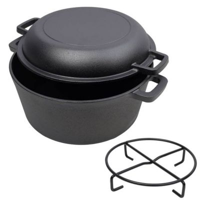 TMB 2-in-1 Pre-Seasoned Cast Iron Dutch Oven with Dual Handles, 5 qt. with 1 pc. Iron Pot Rack