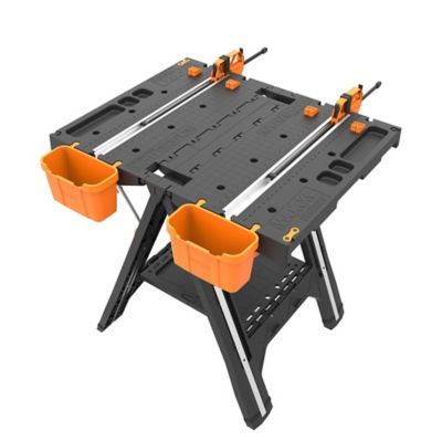 WORX Pegasus Folding Workbench & Sawhorse, Portable Work Table with Clamps & Buckets, Heavy-Duty Foldable Workstation