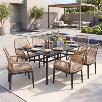 Nuu Garden 7 pc. Rattan Metal Patio Dining Set with Umbrella Hole, Cushions