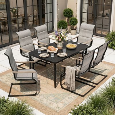 Nuu Garden 7 pc. Patio Dining Set, C-Spring Motion, Wood-Grain Armrests