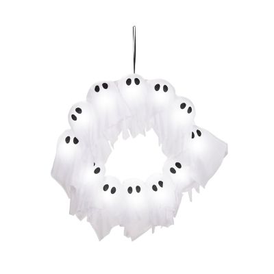 Haunted Hill Farm 24 in. Black & White Pre-lit Artificial Ghost Halloween Wreath