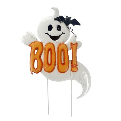 Haunted Hill Farm 24 in. LED White Happy Halloween Sign with Ghosts and Stake Halloween Decoration, White
