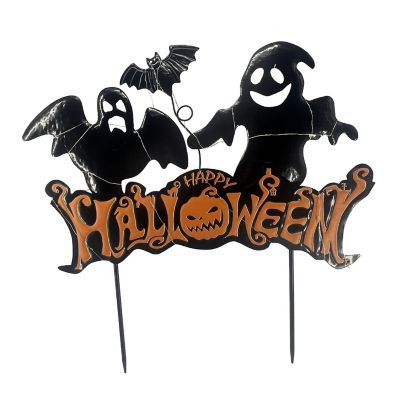 Haunted Hill Farm 24 in. LED Black Happy Halloween Sign with Ghosts and Stake Halloween Decoration, Black