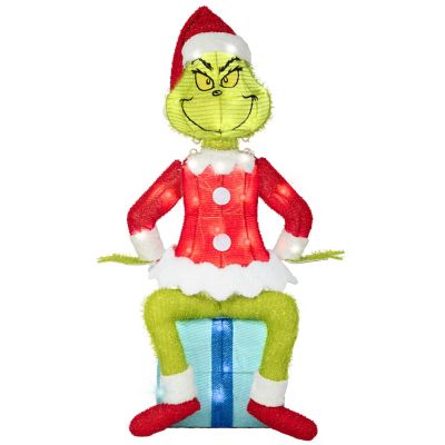 Disney 3D Holiday Lighted Tinsel Sculpture, The Grinch Sitting On Present