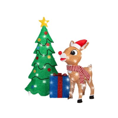 Rudolph 3D Holiday Lighted Tinsel Sculpture, Reindeer with Tree and Presents