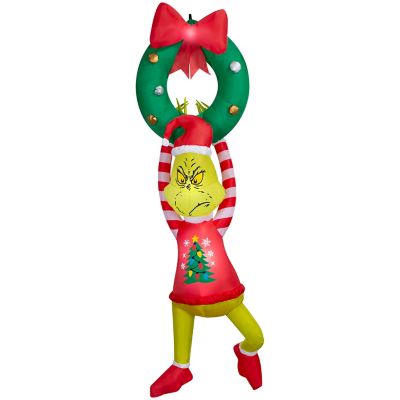 Dr. SeussAirblown Christmas Light, Grinch Hanging from Wreath with Red Bow