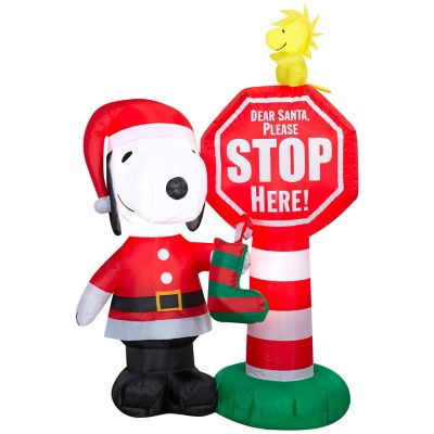 Peanuts Airblown Christmas Light, Snoopy Stop Here Sign Scene