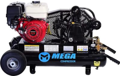 Mega 9 hp Honda Recoil Start 10 gal. Dual Wheeled 14.5 CFM at 175 PSI, 180 PSI Max, Two Stage