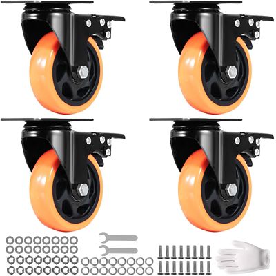 VEVOR Caster Wheels, 4 in. Swivel Plate Casters, Set of 4, with Security A/B Locking No Noise PVC Wheels
