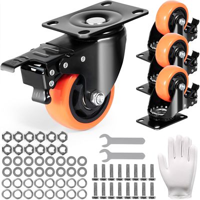 VEVOR Caster Wheels, 3 in. Swivel Plate Casters, Set of 4, with Security A/B Locking No Noise PVC Wheels