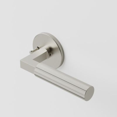 McBowery Mila Satin Nickel Modern Linear Bed/Bath Interior Door Handle with Round Rosette and Concealed Screws (Privacy)