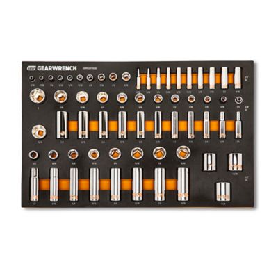GEARWRENCH 63 pc. 1/4in, 3/8in, and 1/2 in. Drive Hi-Viz SAE Socket Set in Foam Tray